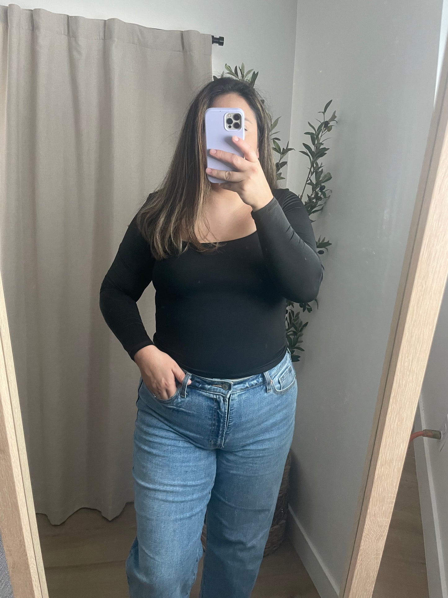 long sleeve black square neck top