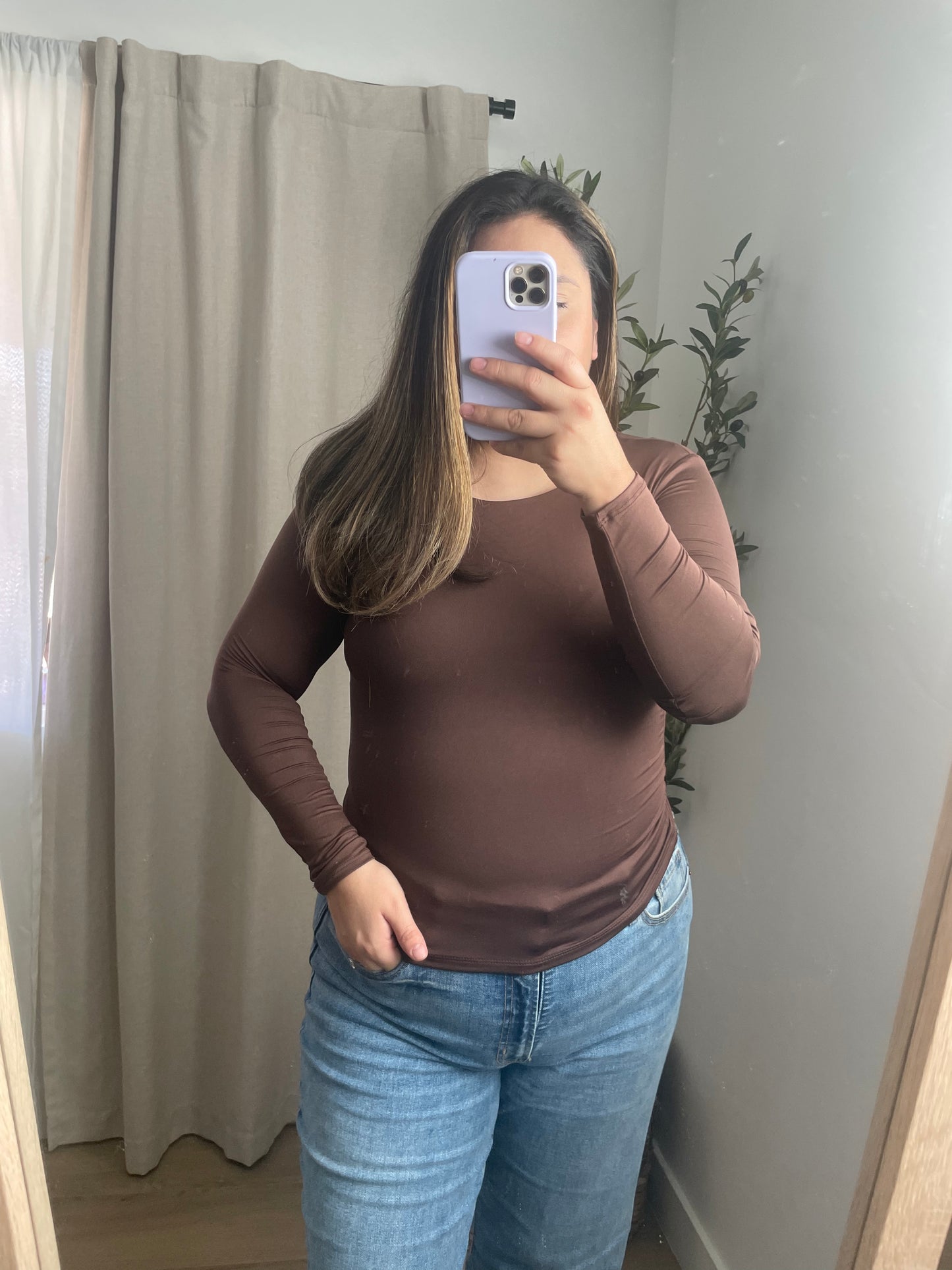 long sleeve coffee bean brown round neck top