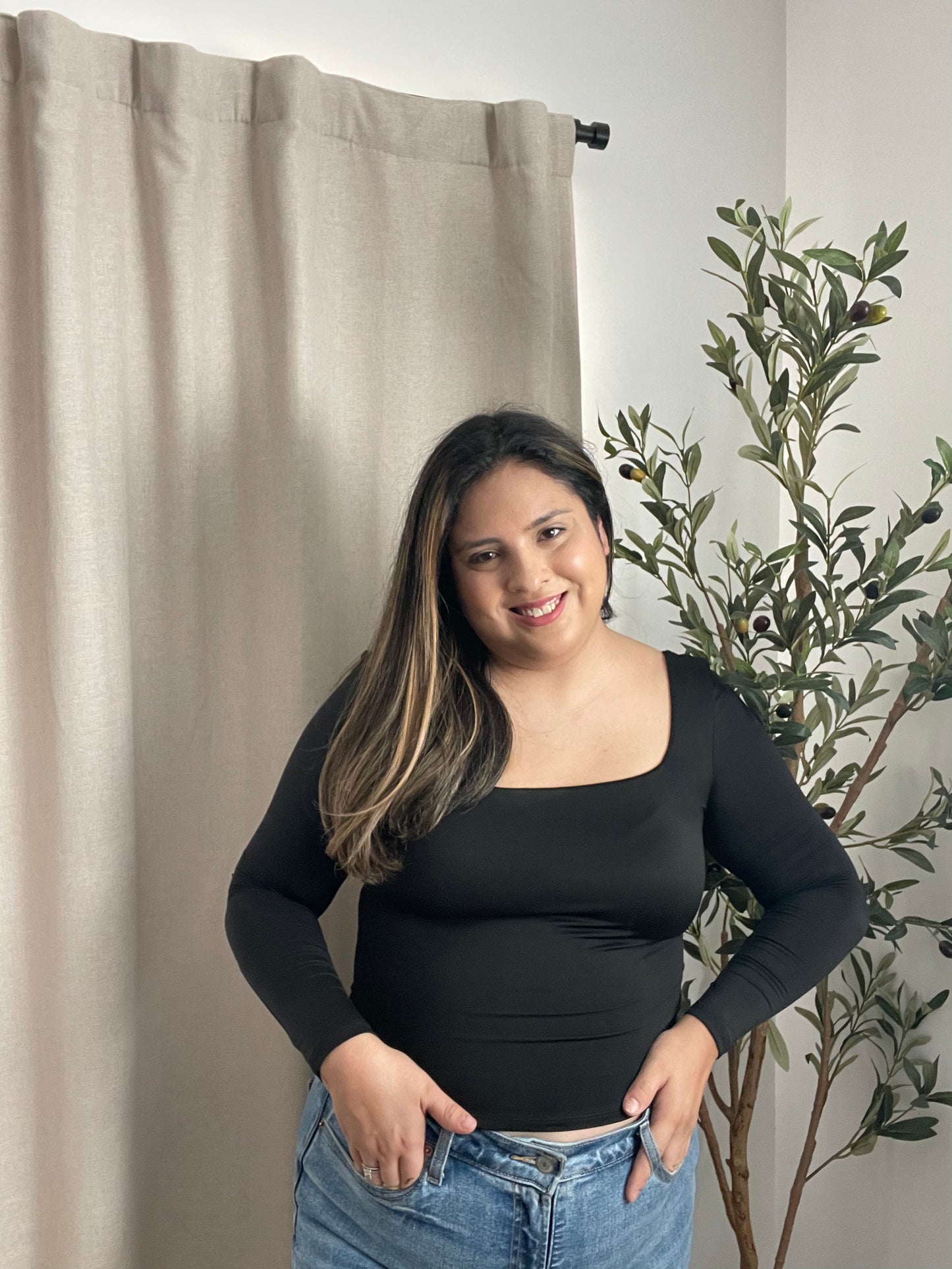 long sleeve black square neck top