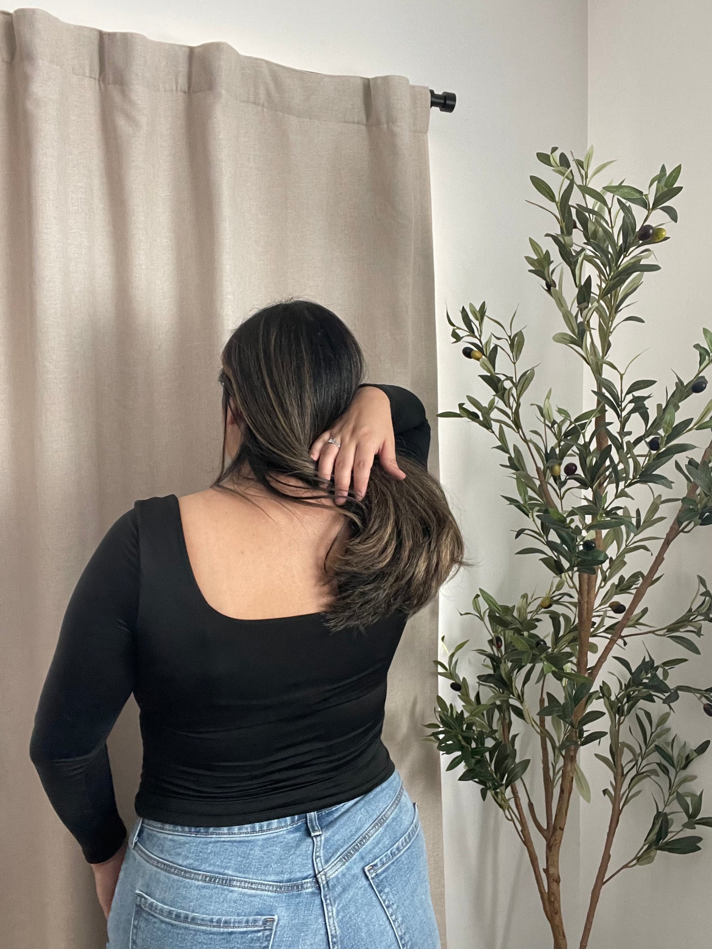 long sleeve black square neck top